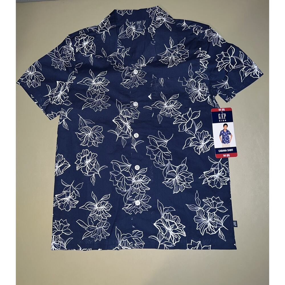Gap Kids Cabana Shirt Navy Floral Boys M (8) Button Up With 1 Pocket